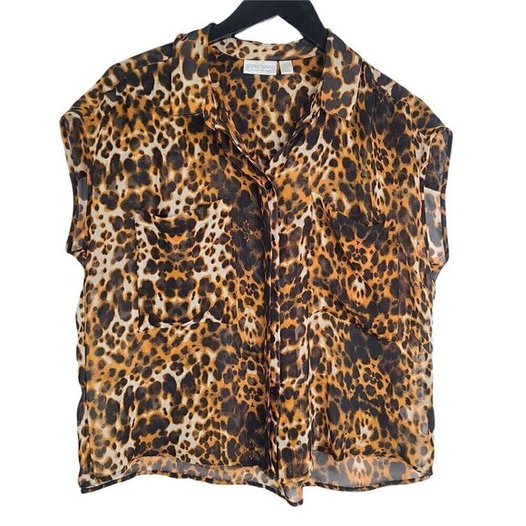 Bisou Bisou Leopard Cheetah Print Boxy Sheer Button Up Top - Picture 1 of 7